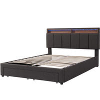POLSTERBETT 180x200 cm LED Schubladen Stauraum Kopfteil Leinen grau - Grau, Holz (180/200cm) - LEBENLANG
