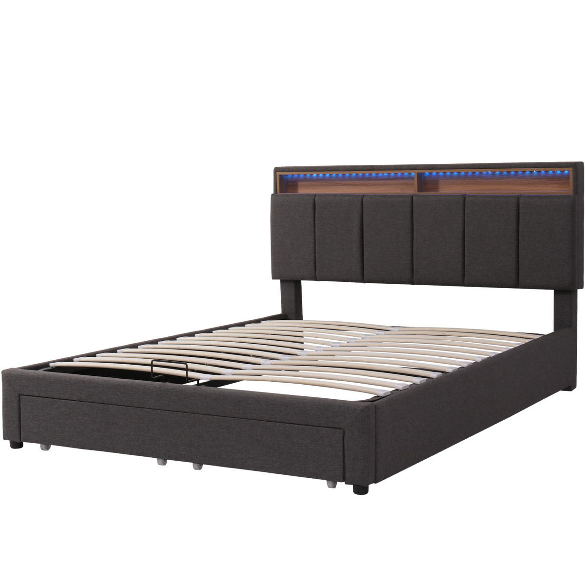 POLSTERBETT 180x200 cm LED Schubladen Stauraum Kopfteil Leinen grau - Grau, Holz (180/200cm) - LEBENLANG