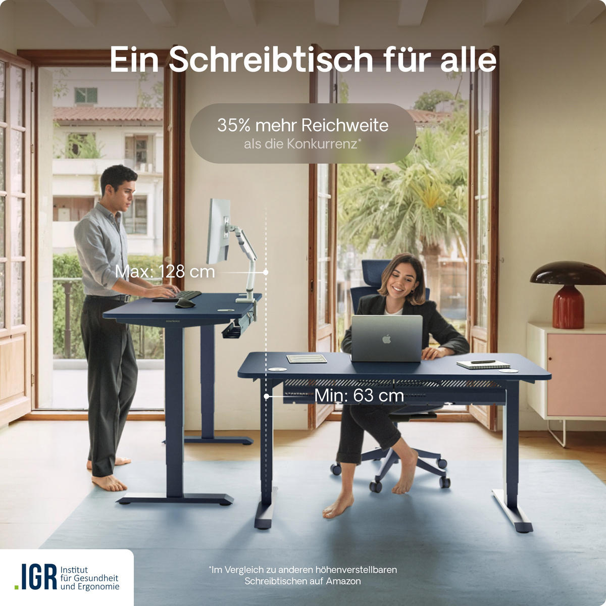 SCHREIBTISCH Elektrisch Höhenverstellbarer HomePro 120x60cm Blau/Weiß mit Memory-Funktion, Anti-Kollisions Technologie - Blau/Weiß, Holzwerkstoff (60/120/72cm) - Desktronic