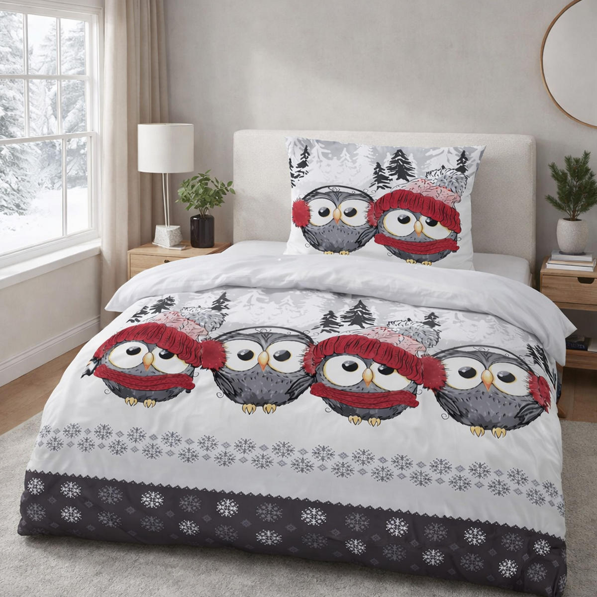 BETTWÄSCHE Feinbiber Herbst/Winter 135/200 cm Grau (Eule) - Rot/Grau, Textil (135/200cm) - Bestlivings