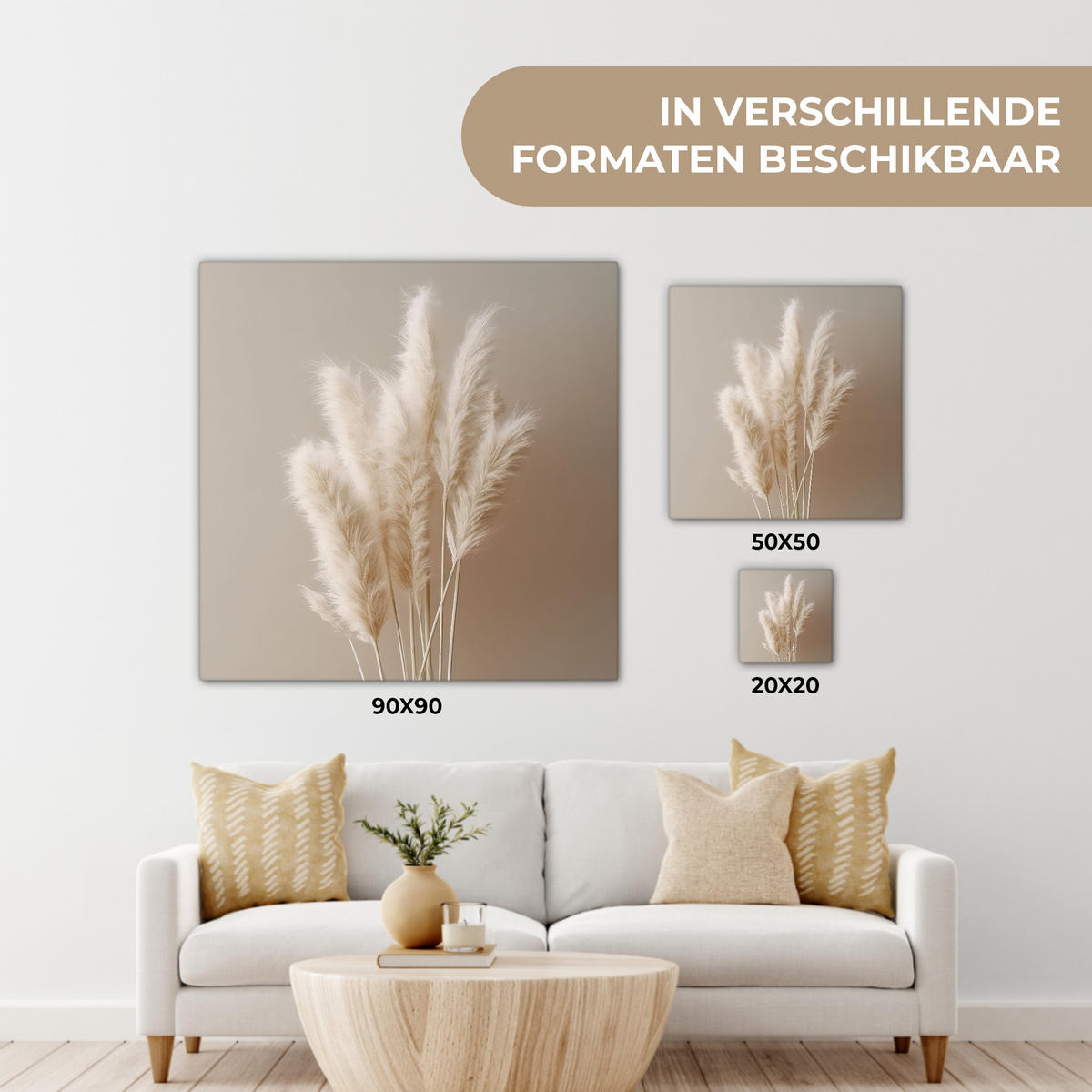 LEINWANDBILD Pampasgras - Federn - Pastell - Weiß Deko Wohnzimmer 20x20 cm - Naturfarben, Textil (20/20cm) - MuchoWow