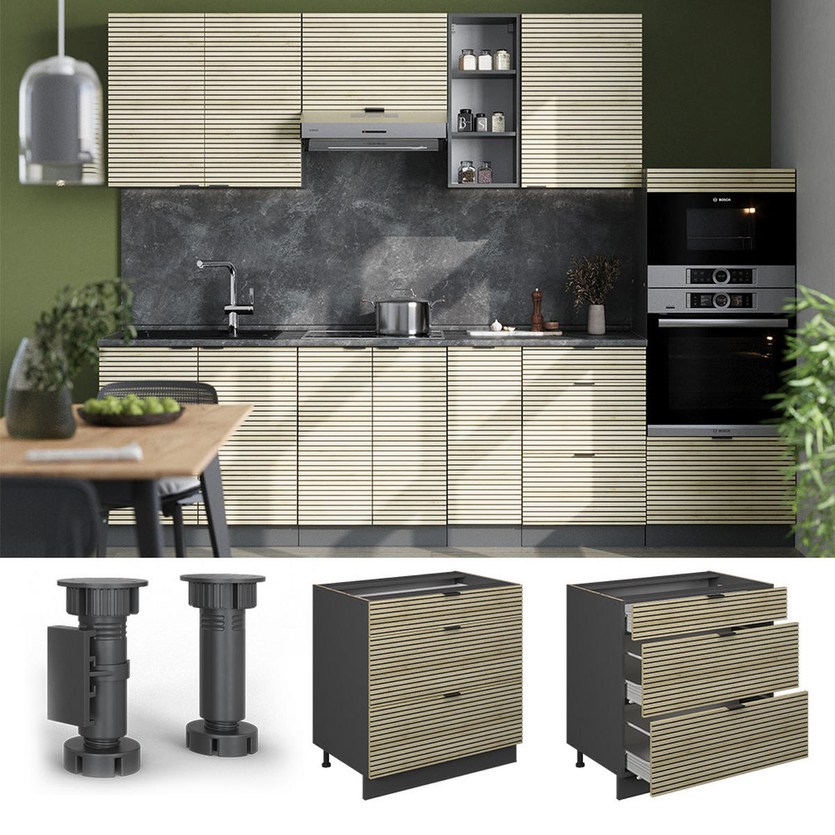 KÜCHENUNTERSCHRANK Fame-Line Eiche Paneel 80 cm mit 3 Schubladen, AP Eiche - Hellbraun/Eichefarben, Holzwerkstoff (80/82/60cm) - Vicco