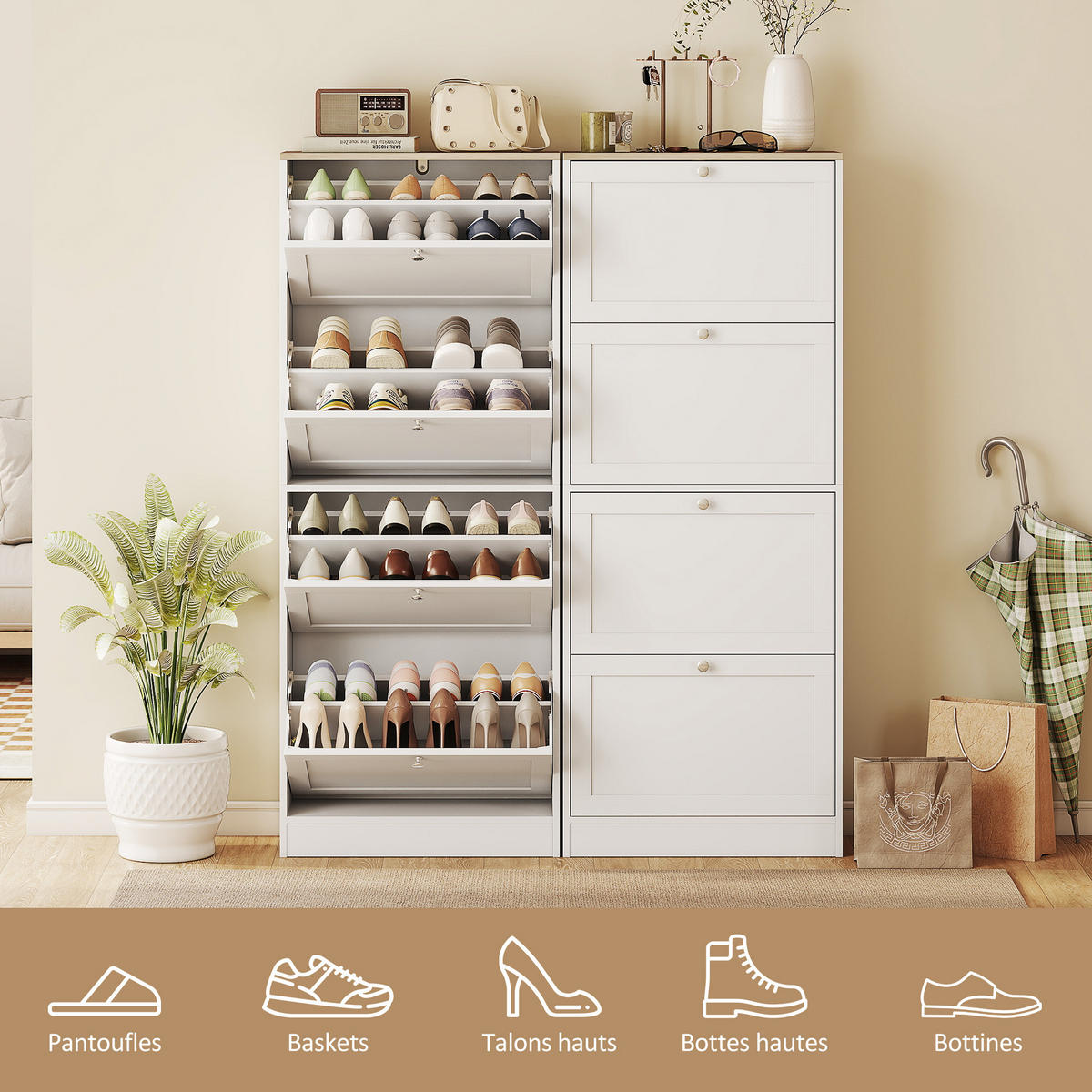 SCHUHSCHRANK Weiß 60/23,5/153 cm - Silberfarben/Weiß, Holzwerkstoff (60/153/23.5cm) - PANGIVO