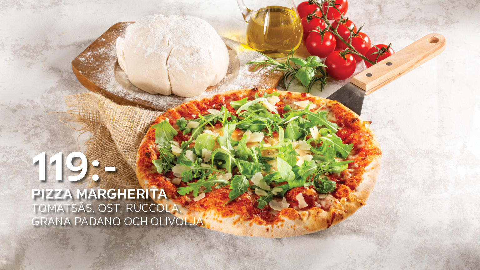 Pizza Margherita  Tomatsås, ost, ruccola, Grana Padano och olivolja