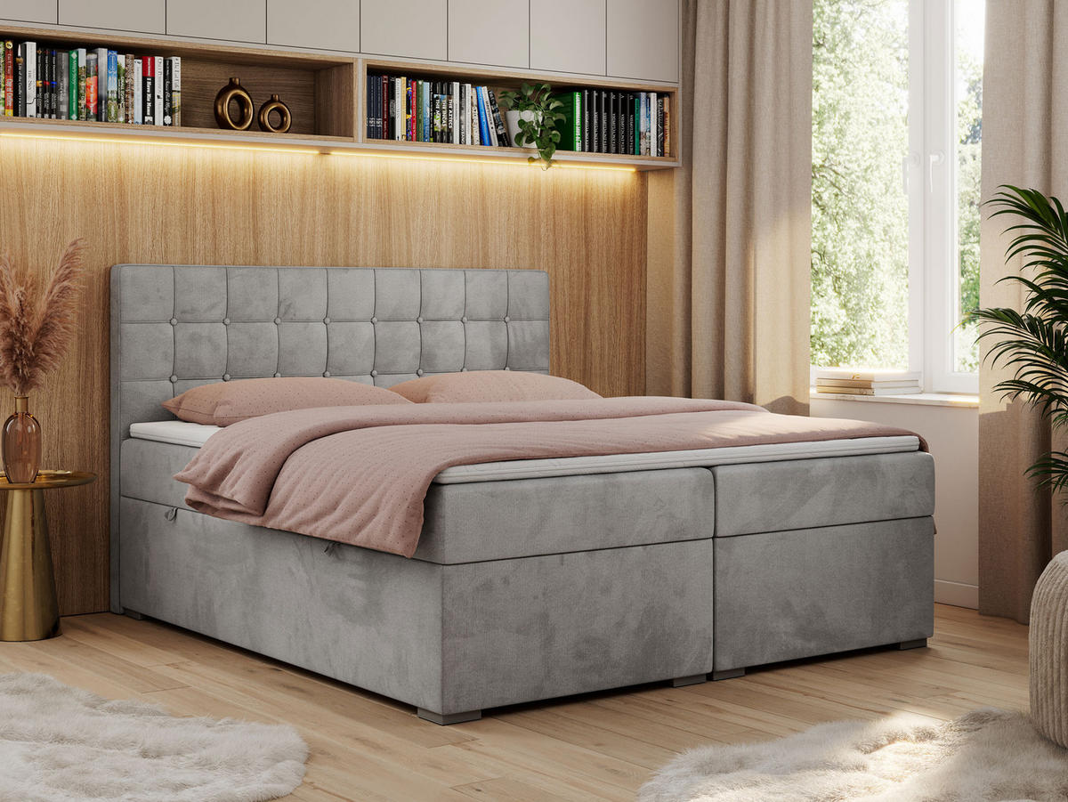 BOXBETT CARMEN 160/200 Hellgrau Velvet - H3 - Hellgrau, Holz/Textil (160/200cm) - MKS