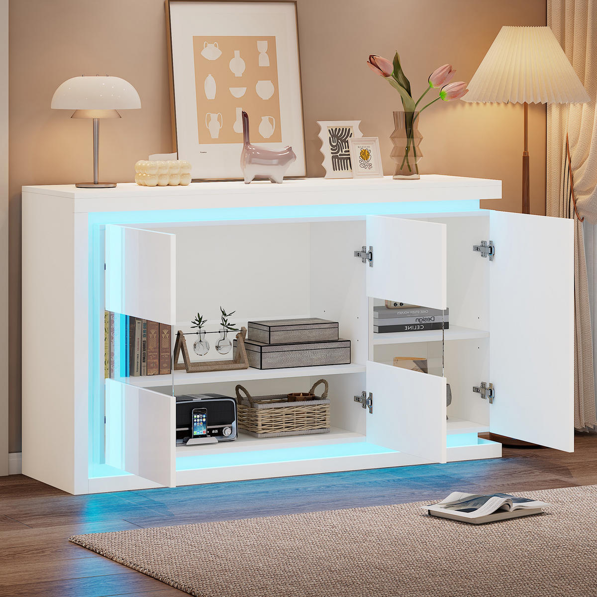 SIDEBOARD LED Hochglanz 4 Fächer Glas 140x40x84cm - Weiß, Holzwerkstoff (40/84/140cm) - FLIEKS