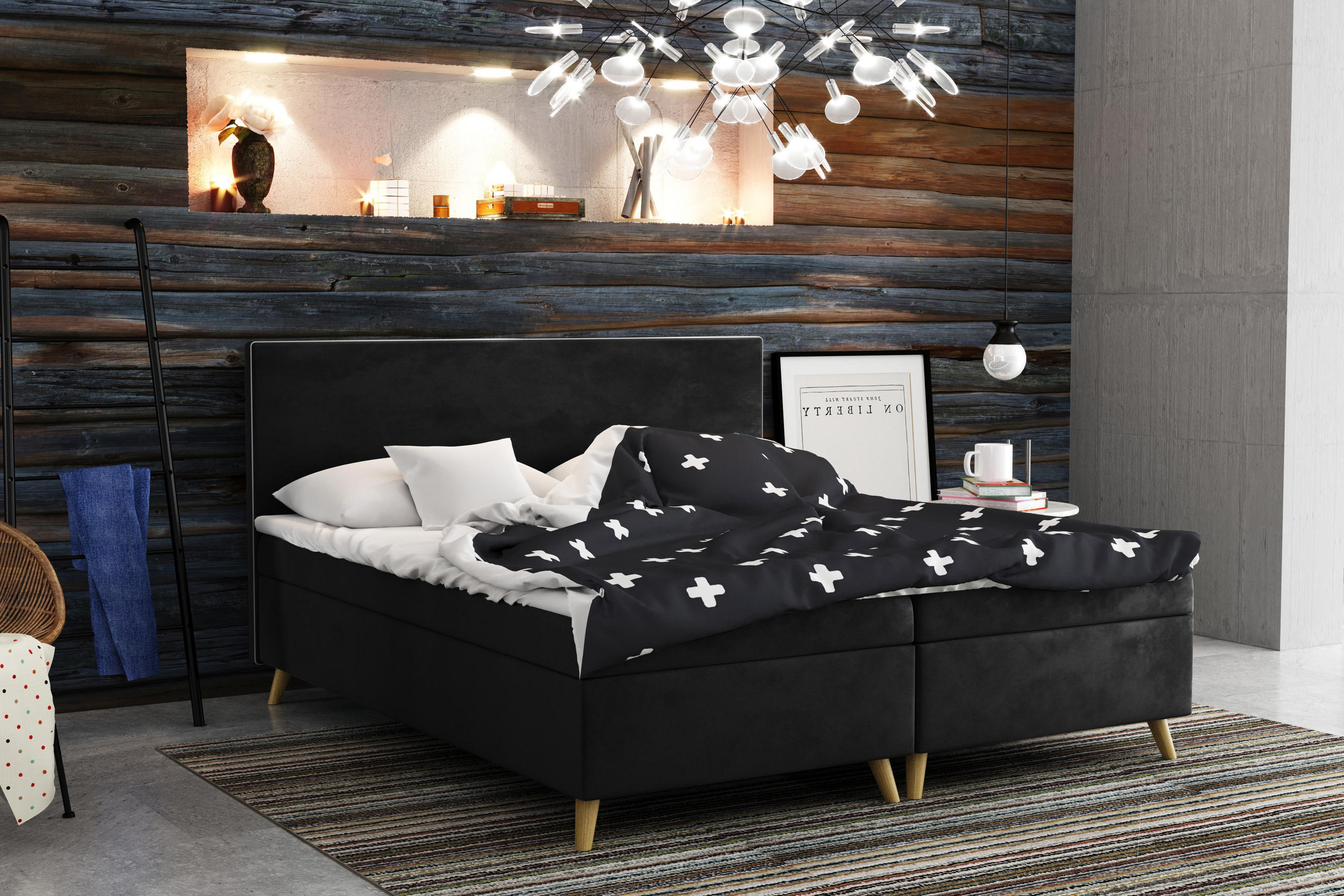 BOXBETT Mit Bettkasten Matratze + Topper BELLA Stoff Riviera Schwarz 200x200 cm H3-Bonell - Schwarz, Holz/Textil (200/200cm) - Kaiser Möbel