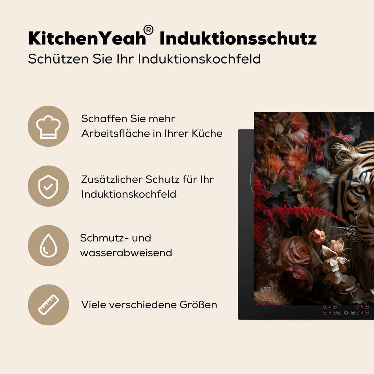 HERDABDECKPLATTE Tiger - Tier - Natur - Floral - Botanisch Herdabdeckung Induktionsfeld 75x52 cm - Orange, Kunststoff (75/52/0.2cm) - MuchoWow