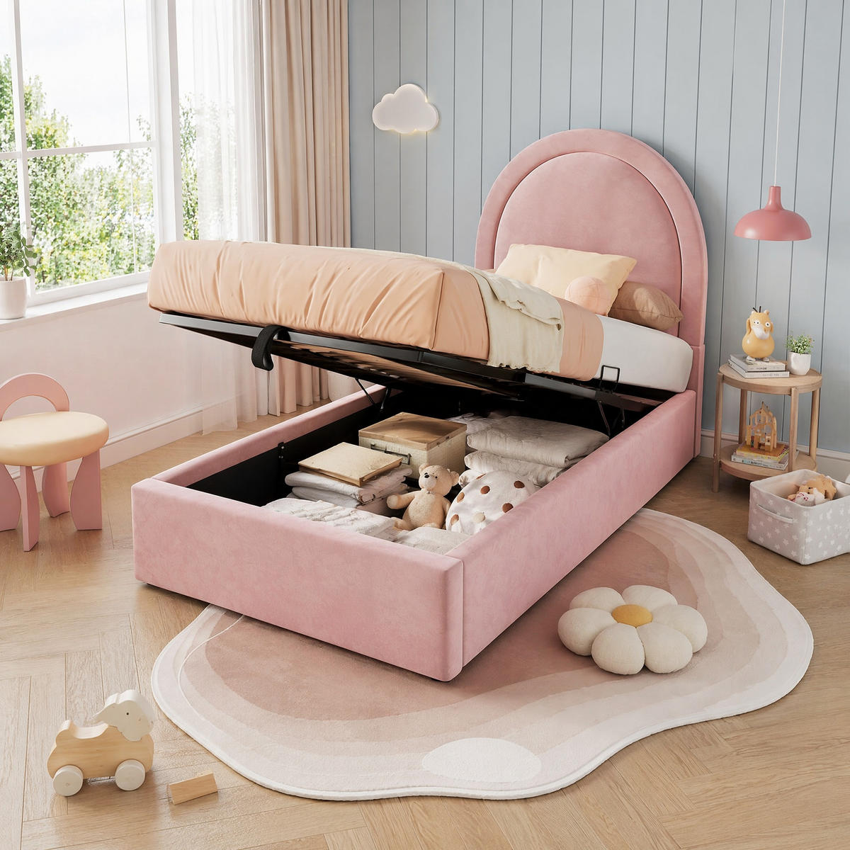 POLSTERBETT 90/190 mit Bettkasten und hydraulischem Lattenrost in Rosa - Rosa, Holzwerkstoff/Textil (90/190cm) - EVRYAE