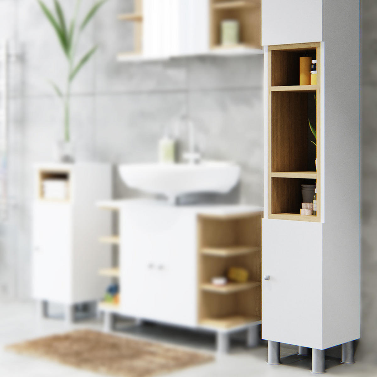 BADSCHRANK Aquis Weiß 30 x 190 cm - Weiß, Holzwerkstoff (30/190/30cm) - Vicco