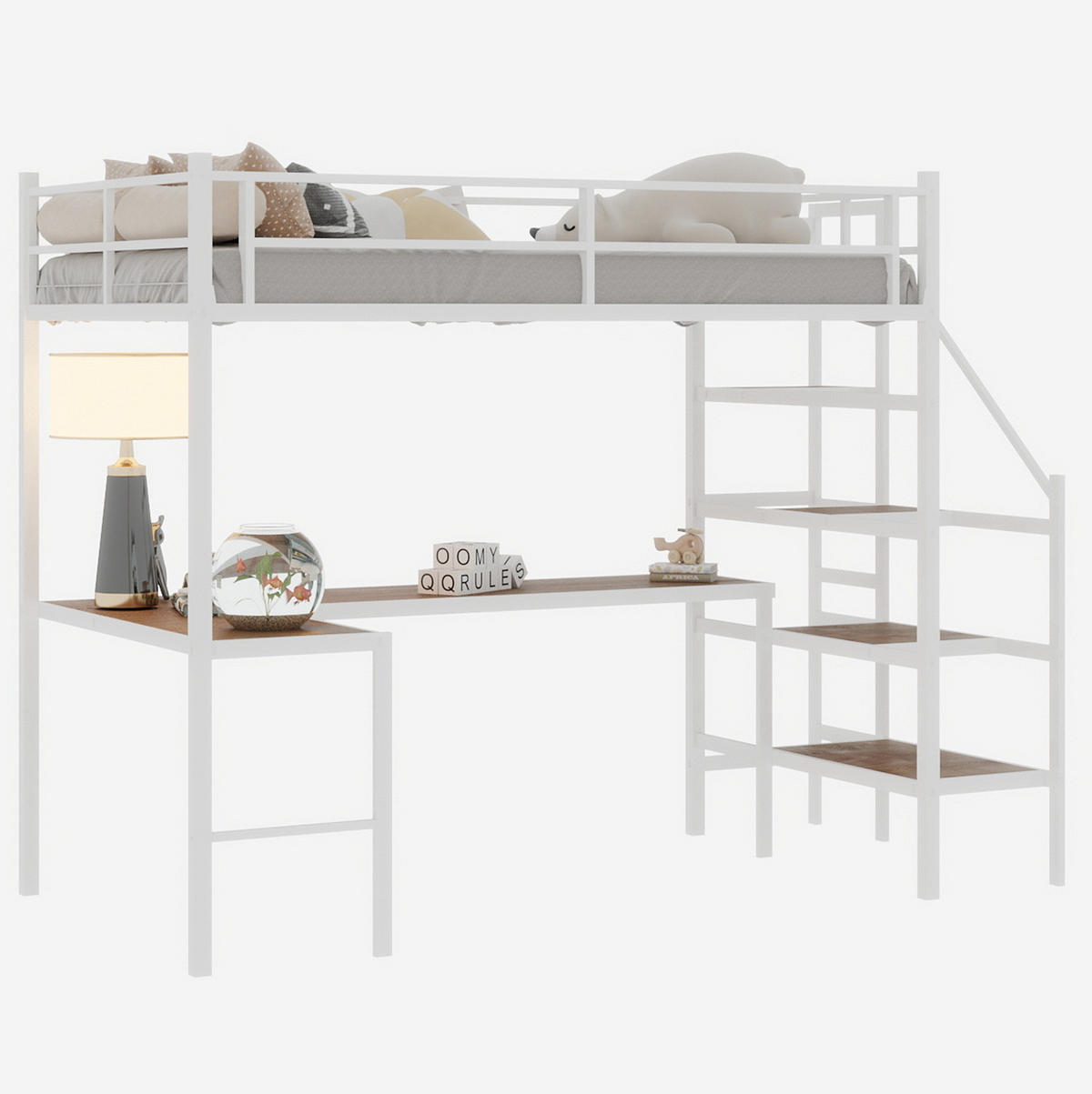 HOCHBETT 90/190 cm aus Eisen mit L-förmigem Schreibtisch und Treppe Weiß - Weiß, Metall (90/190cm) - Modenvie