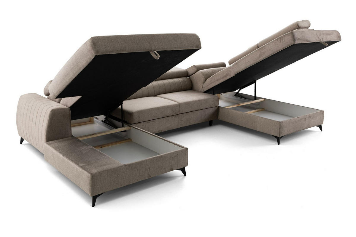 ECKSOFA U-Form PIERO U Rechts mit Schlaffunktion 125x260 Velours Beige - Beige/Schwarz, Holz/Textil (203/90/350cm) - Muffo