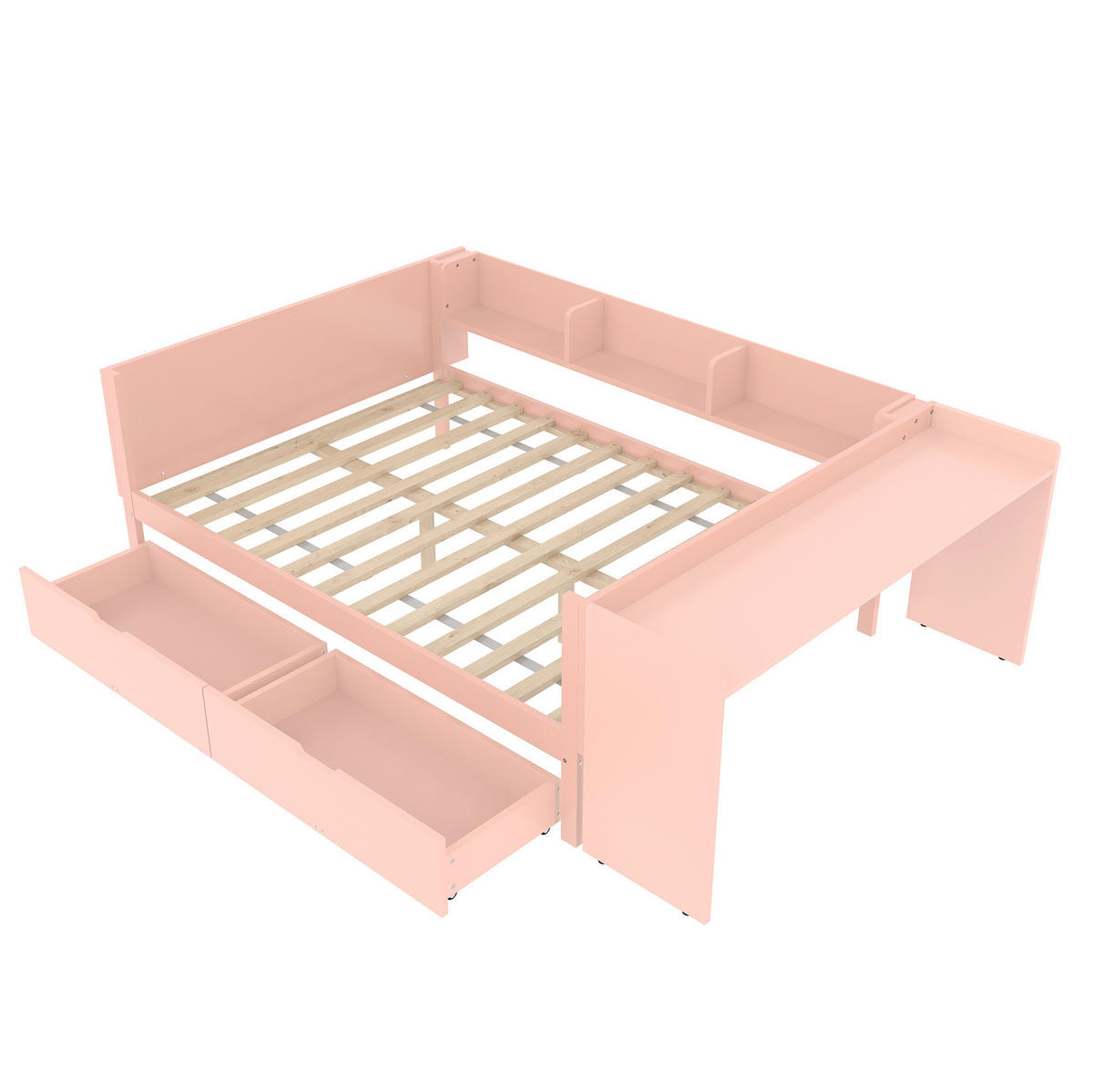DOPPELBETT aus Kiefernholz und Spanplatte 140x200 cm Rosa mit Schreibtisch, Schubladen und Regalen - Rosa, Holzwerkstoff (140/200cm) - IVMEU