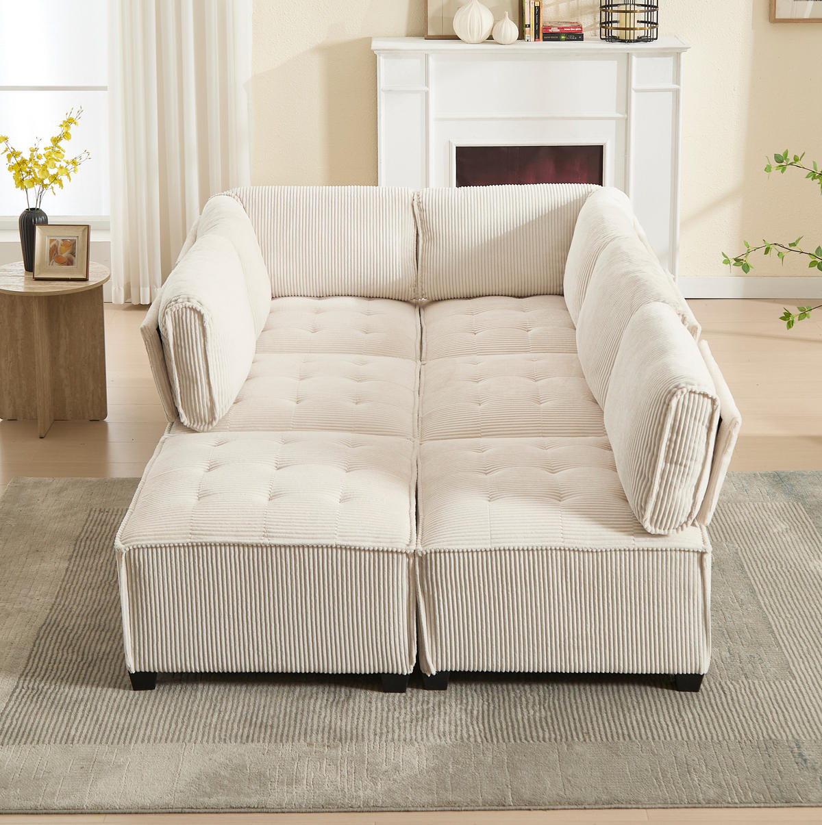 MODULARES 6-Sitzer Sofa Cord U-/L-Form und Eckschlafsofa Beige 308/154/82 cm - Beige, Textil (154/308cm) - Redom