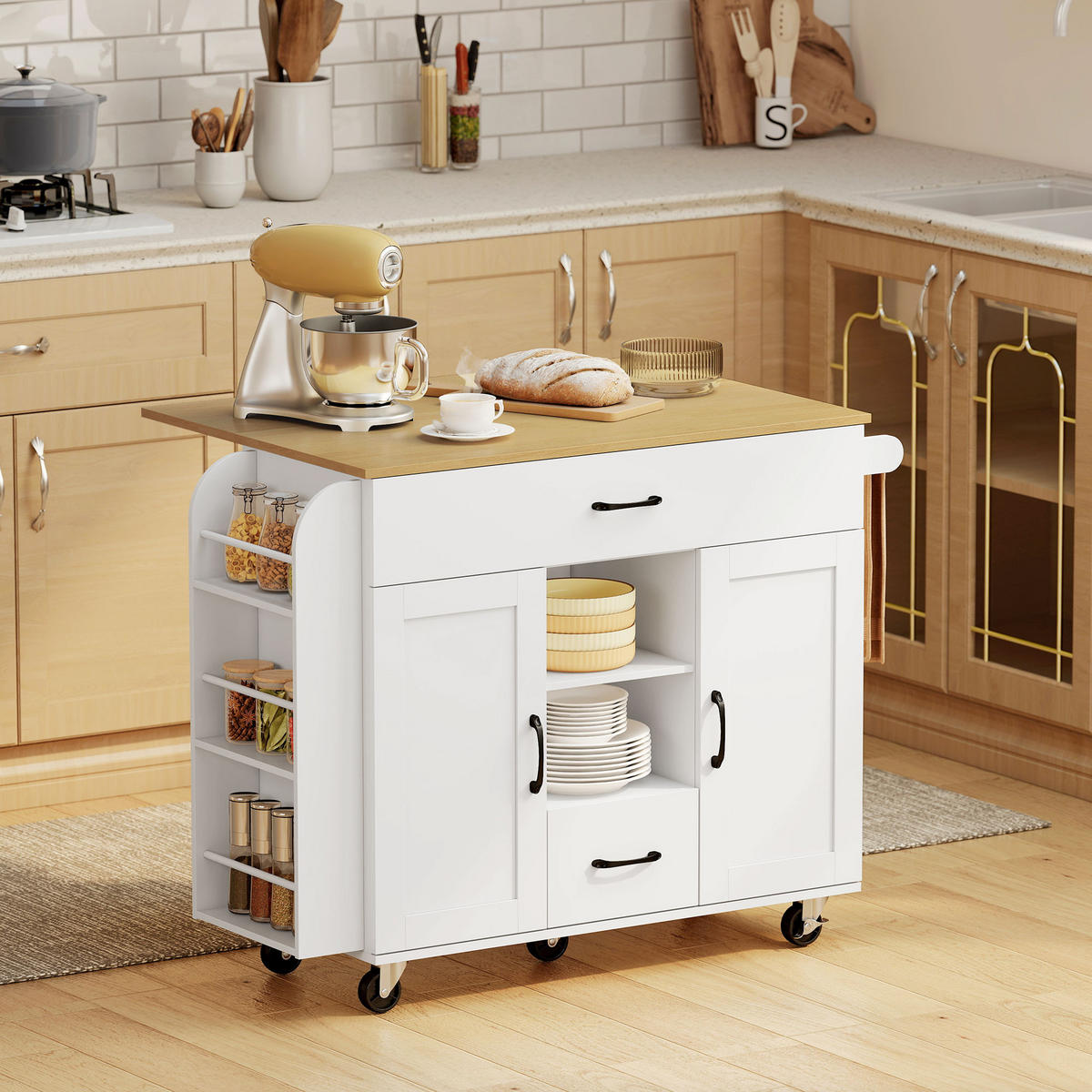 KÜCHENINSEL Küchenwagen auf Rollen mit 2 Schubladen, 2 Soft-Close-Türe Weiß - Schwarz/Weiß, Holzwerkstoff/Metall (70/89/115cm) - HOMCOM