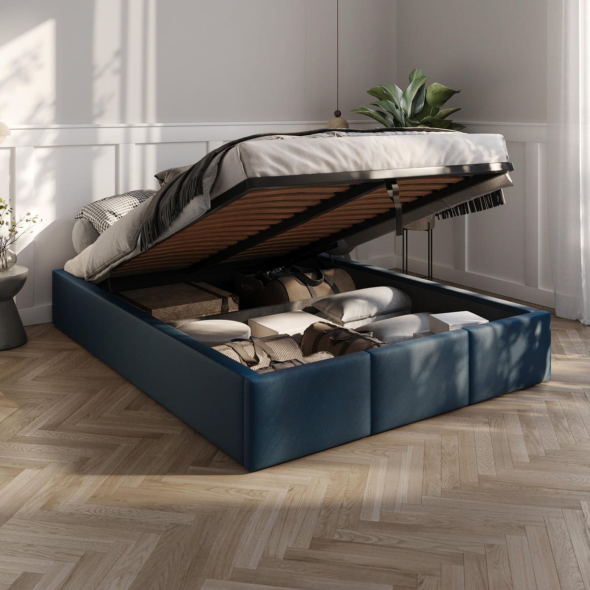POLSTERBETT für Schlafzimmer Bett mit Stauraum Dunkelblau 140x200cm - Dunkelblau, Holzwerkstoff/Textil (160/200cm) - Muralo