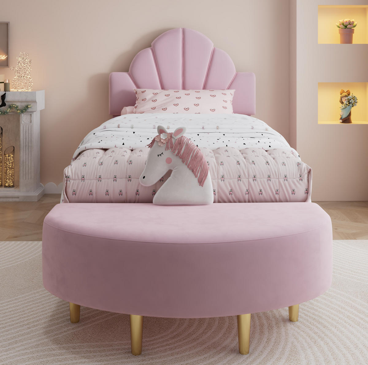 POLSTERBETT 90/200 cm in Rosa mit Samtkopfteil und Bettbank - Rosa, Textil (90/200cm) - Flora Grace
