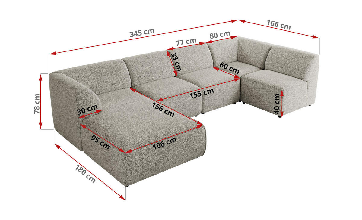 WOHNLANDSCHAFT MODARO U 5M - Hellgrau Struktur - Links - Hellgrau/Schwarz, Textil (180/78/345cm) - MKS