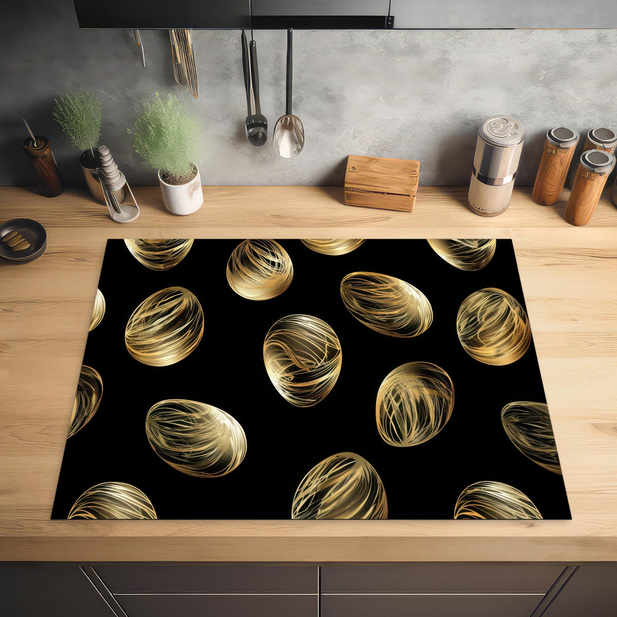 HERDABDECKPLATTE Eier - Gold - Muster Induktionsmatte 77x59 cm - Schwarz, Kunststoff (77/59/0.2cm) - MuchoWow