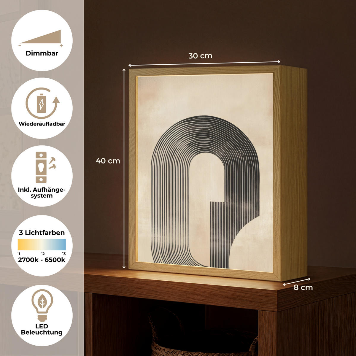NÁSTĚNNÁ LAMPA S AKUMULÁTOREM Luk - Pruhy - Minimalistický - Černý 30x40 cm - béžová, kompozitní dřevo (30/40/8cm) - OnlyWow