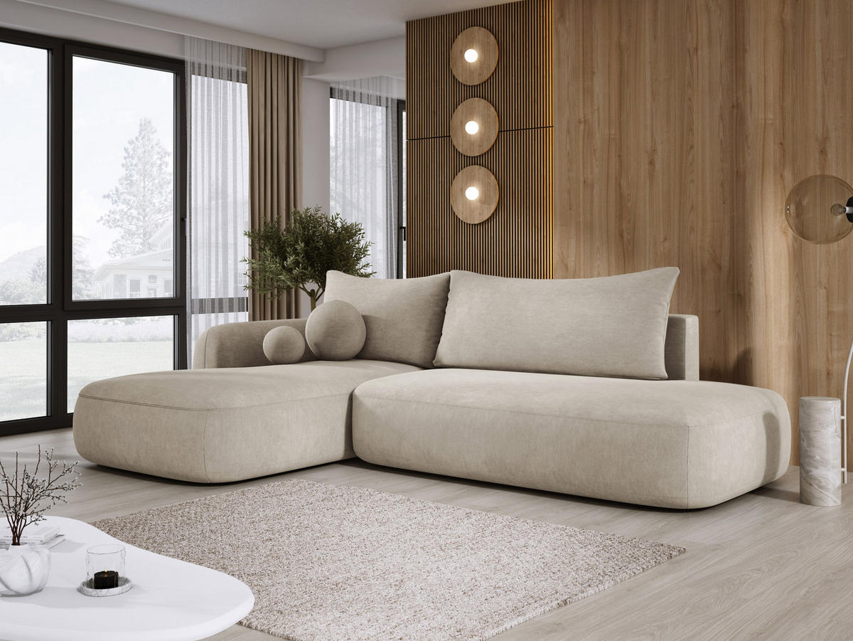 ECKSOFA BABU Mit Bettfunktion – Moderne Polsterecke Für Wohnzimmer Funktionales Schlafsofa Im Stoff CLOUD, 300x105x60cm, Linke, Beige - Ecru, Holz/Textil (190/300cm) - DomoHome