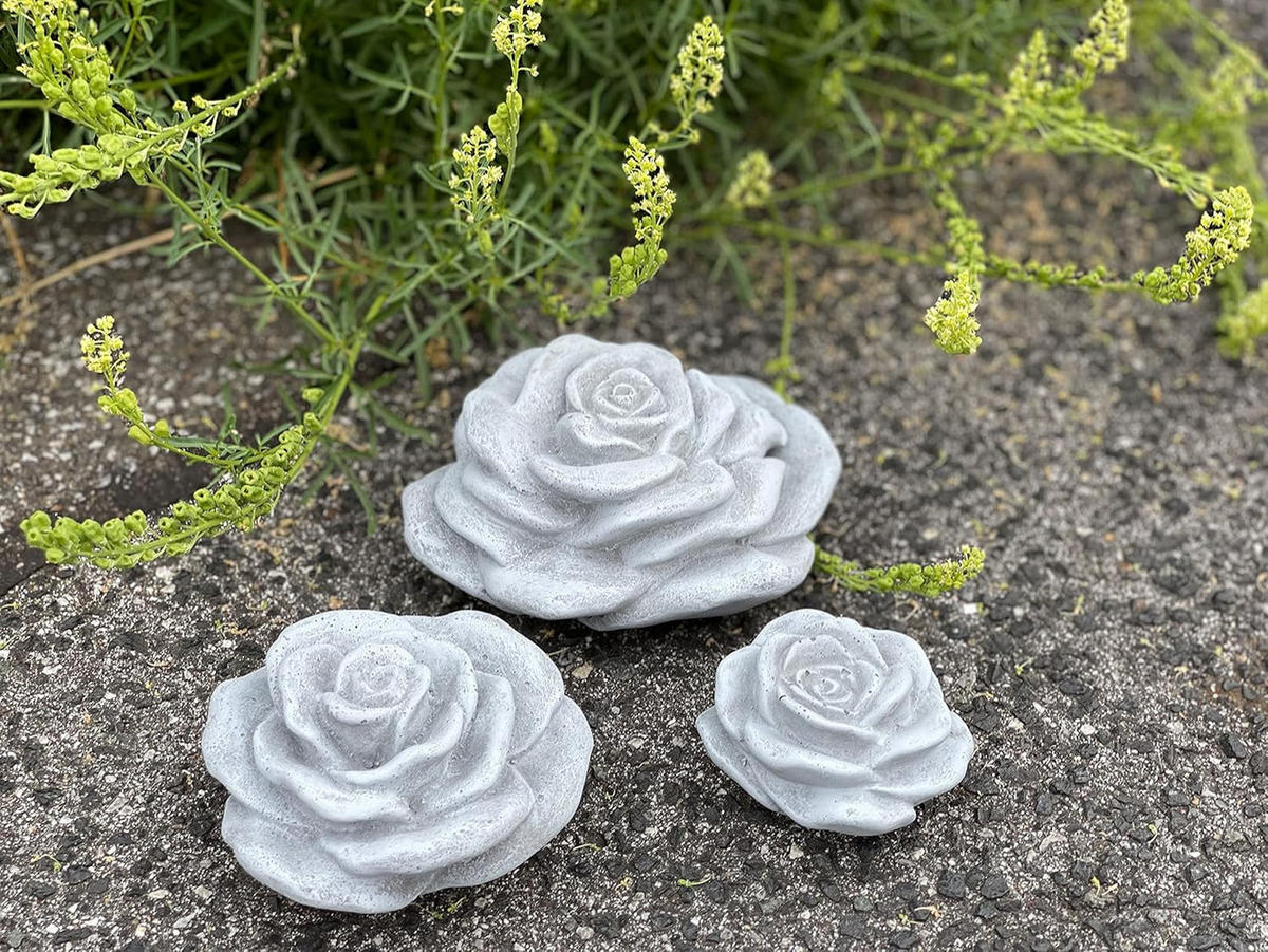 STEINFIGUR 3er Set Stein Blüten Set Rosenblüte frostfest wetterfest Steinguss - Grau, Stein (16/12/12cm) - stoneandstyle