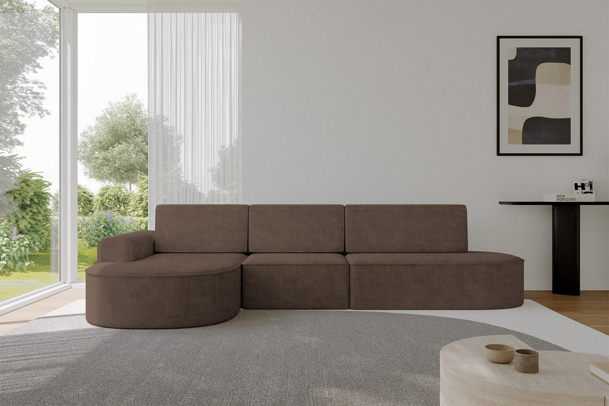ECKSOFA mit Schlaffunktion Ottomane Links MARI L2-S 368X167X85 Braun Velours - Alteiche/Schwarz, Holzwerkstoff/Kunststoff (368/167cm) - ALTDECOR