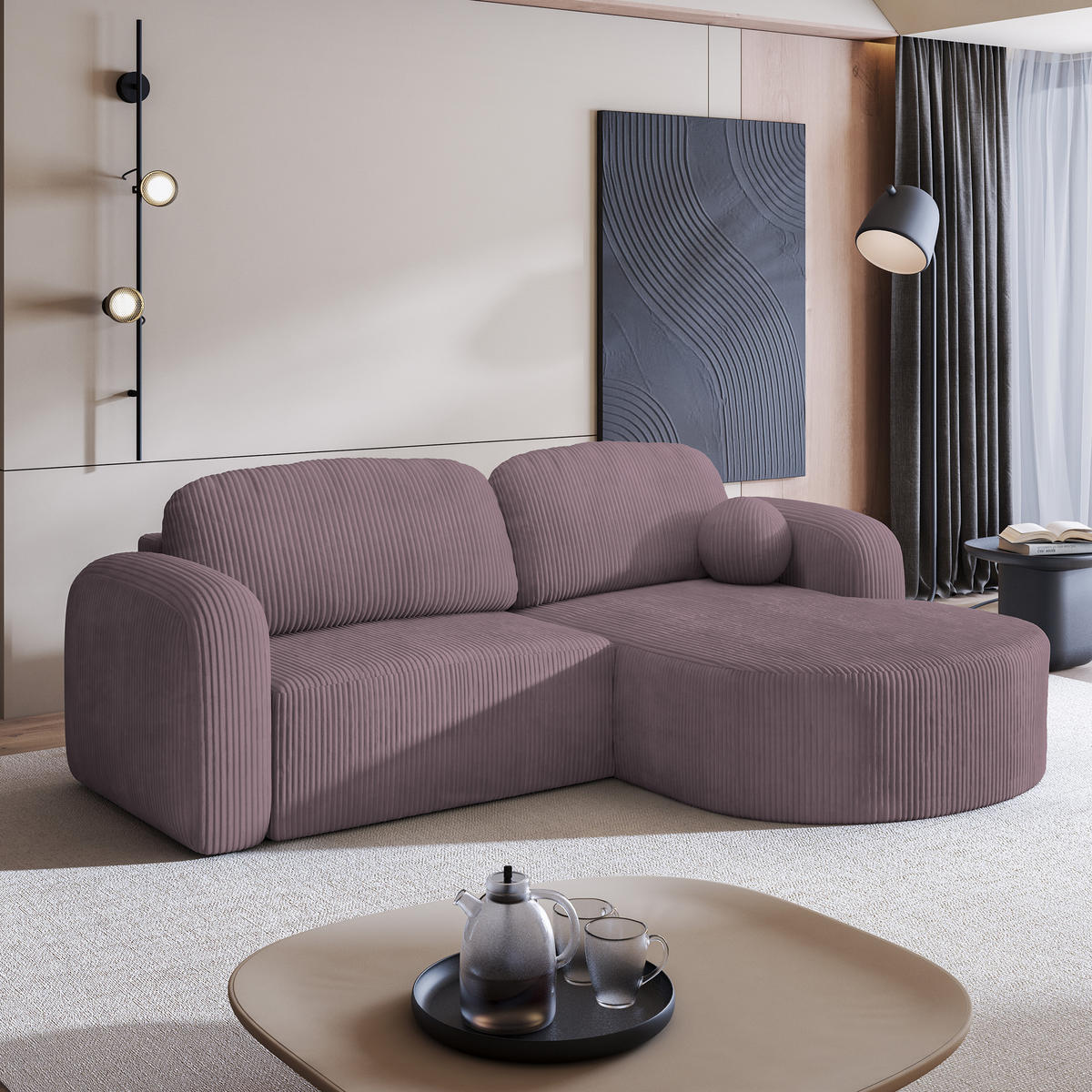ECKSOFA AMILIA P R-S Lila Kordstoff mit Schlaffunktion - Lila, Holz (263/174cm) - MASSENO