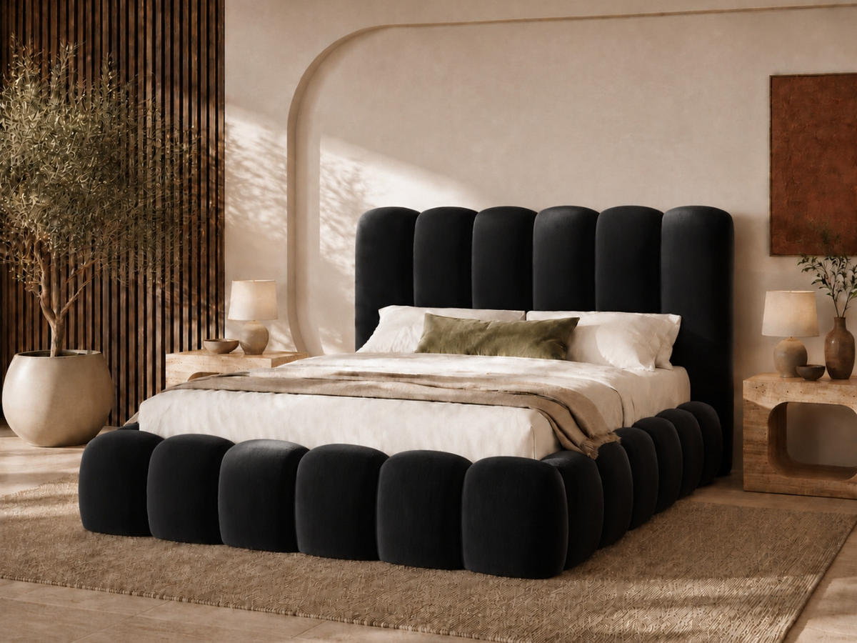 POLSTERBETT MELLOW 140x200 cm in Schwarz, gepolstertes Kopfteil, Lattenrost, Bettkasten, Velvet-Stoff - Schwarz, Holz/Textil (140/200cm) - EMLAR Home