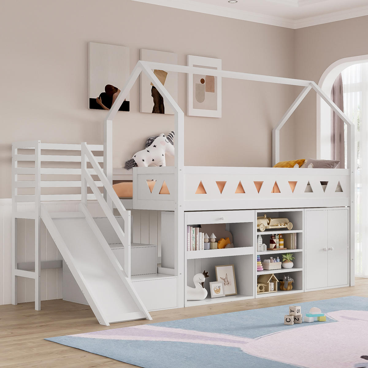 KINDERBETT mit Rutsche und Stauraum 90x200 cm Massivholz Weiß - Weiß, Holz (90/200cm) - Meubliv