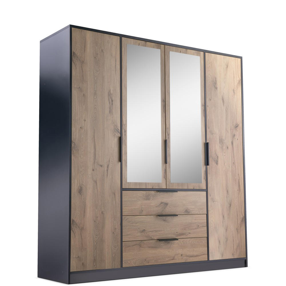 DREHTÜRENSCHRANK Livo mit 4 Türen und 3 Schubladen, eiche Viking+Schwarz, 200 cm - Eichefarben/Schwarz, Holzwerkstoff (196/200/57cm) - Beautysofa