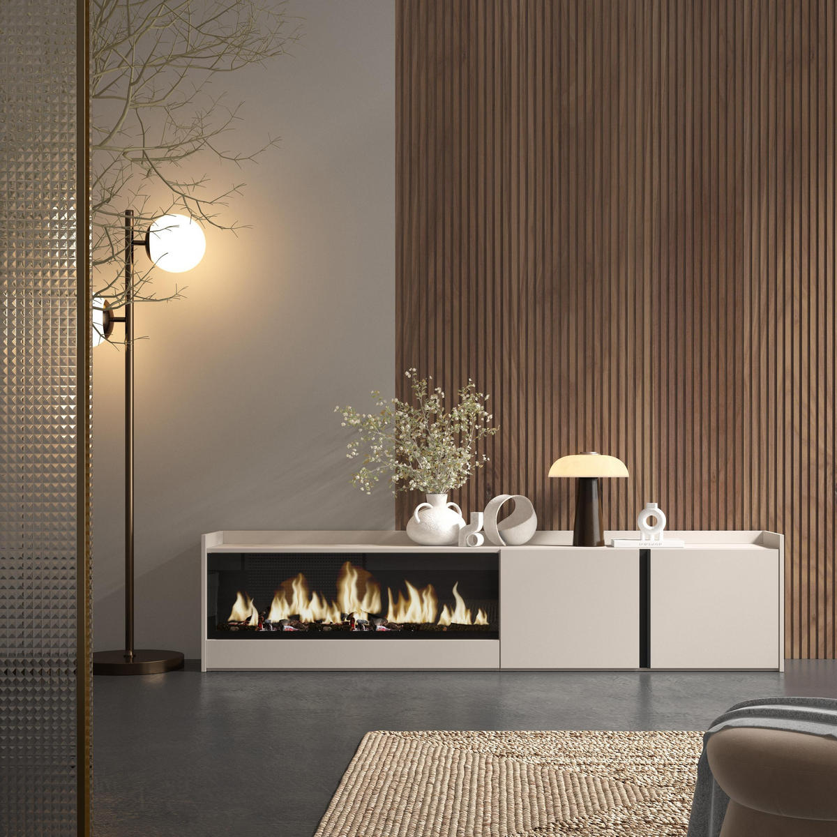 LOWBOARD, Beige, 212/35/50cm, Kamin mit Feuereffekt XXL - Beige, Holzwerkstoff (212/50/35cm) - Skraut Home