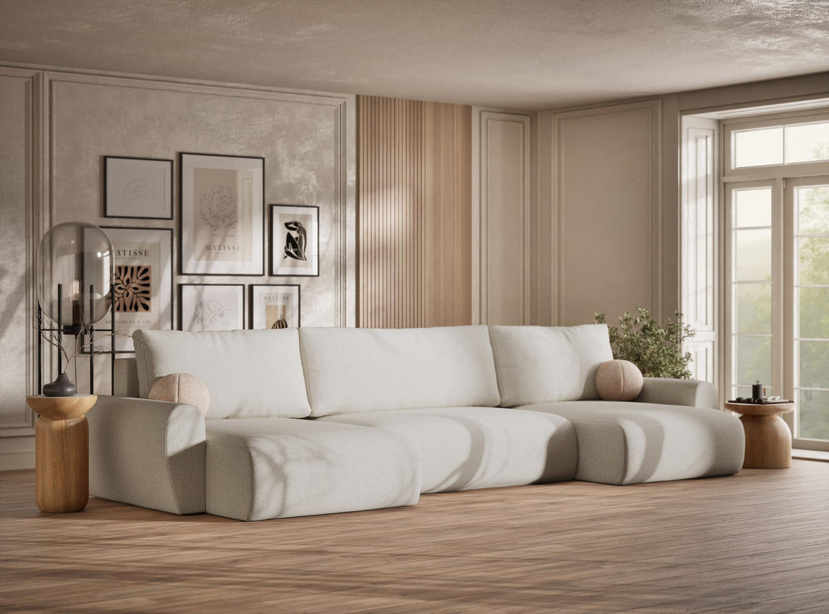 WOHNLANDSCHAFT MIT SCHLAFFUNKTION Numba Creme Webstoff - Creme/Schwarz, Holz/Holzwerkstoff (397/70/153cm) - Maison de Reve
