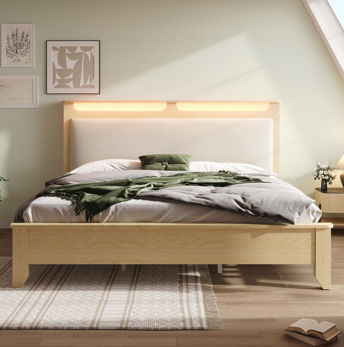 POLSTERBETT 160/200 cm mit LED-Beleuchtung und gepolstertem Kopfteil in Beige - Beige, Textil (160/200cm) - BEAOK