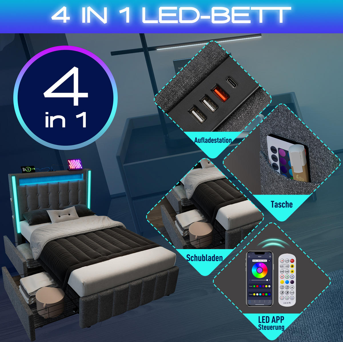 POLSTERBETT 90/200 cm Grau aus Leinen mit LED-Beleuchtung, Ladefunktion und 2 Schubladen - Grau, Textil (90/200cm) - OKMYHOME