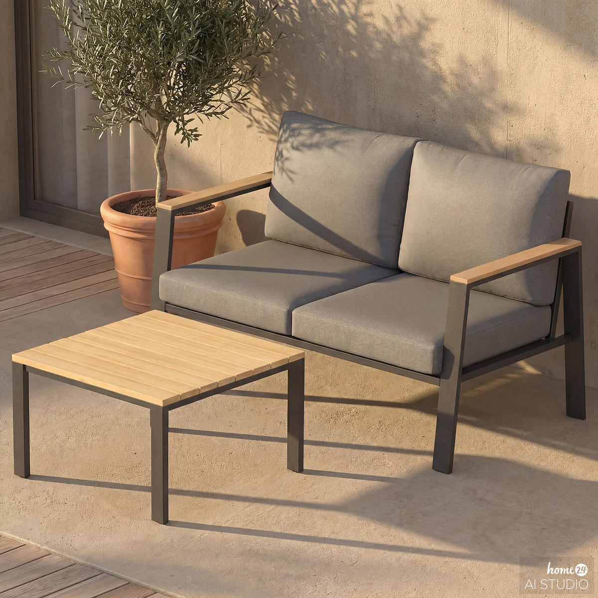 LOUNGESET - Eukalyptus massiv / Polyester - Braun / Anthrazit - 2-teilig - Braun/Grau, Holz/Textil - home24