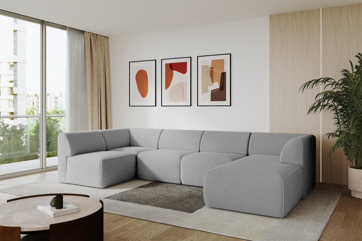 WOHNLANDSCHAFT Ottomane Rechts MOVA 345x180x78 Hellgrau Bouclé - Silberfarben/Hellgrau, Holzwerkstoff/Kunststoff (345/78/180cm) - ALTDECOR