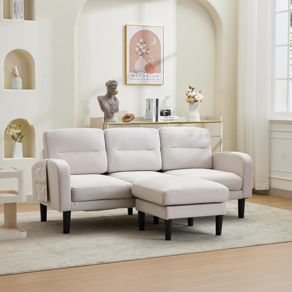 ECKSOFA L Form 3-Sitzer Chaiselongue Stauraum Tasche Beige 204cm - Beige, Textil (204/136cm) - FLIEKS
