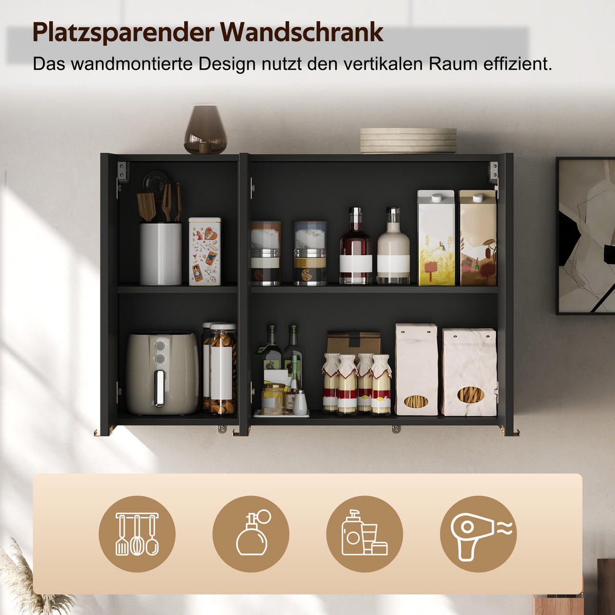 HÄNGESCHRANK DE-38748 90/29/60 cm 3 Türen und Wellenstruktur Schwarz - Schwarz, Holzwerkstoff (90/60/29cm) - ComfortXL