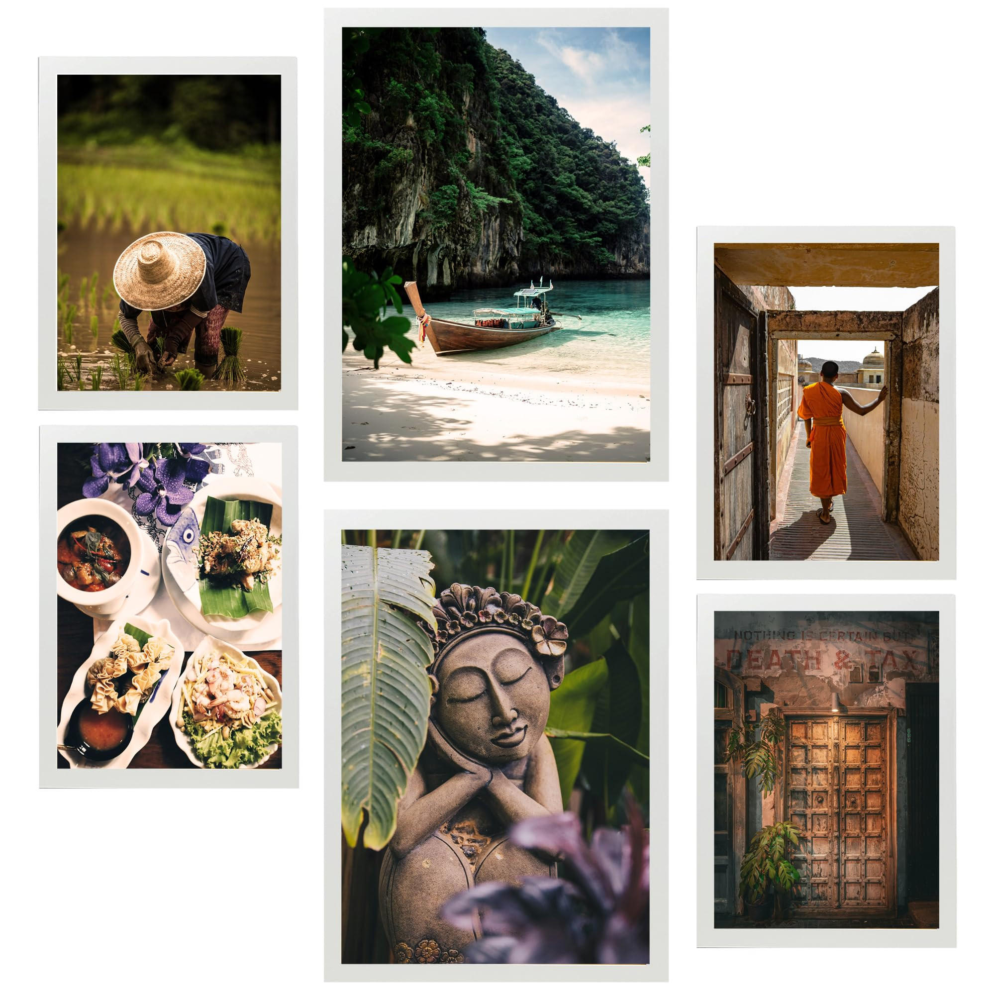 POSTER Set Mit 6 Herbst In Thailand Reisfelder Buddhismus & Kultur A3 & A4 Weißer Rahmen - Weiß, Papier (29/3cm) - Nacnic