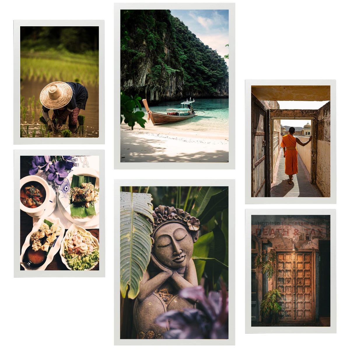 POSTER Set Mit 6 Herbst In Thailand Reisfelder Buddhismus & Kultur A3 & A4 Weißer Rahmen - Weiß, Papier (29/3cm) - Nacnic