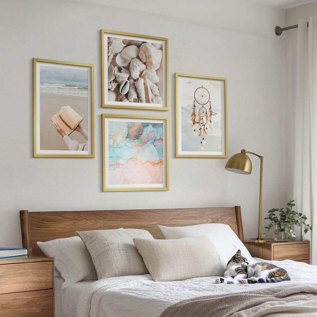 WANDBILDER 4er Set - 50x50 cm & 40x60 cm Goldrahmen - Boho-Buch mit Muscheln - Goldfarben, Kunststoff (50/50cm) - ArtPrintCave