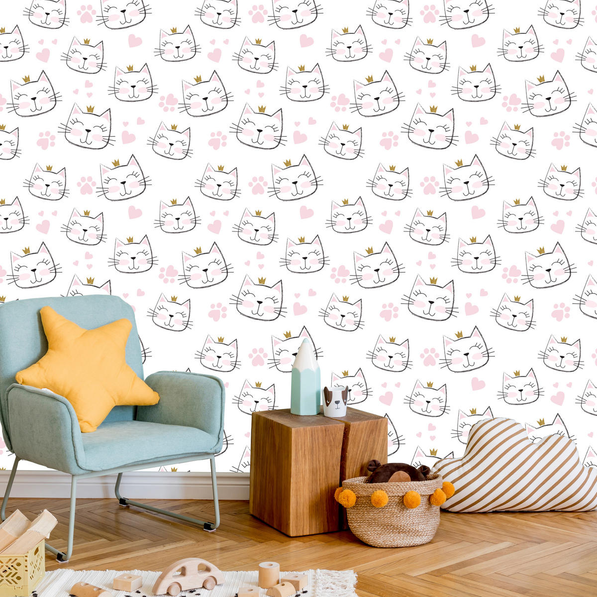 VLIESTAPETE Katzen mit Kronen und Herzen – Rosa, Grau, Weiß – 50x1000 cm - Rosa/Weiß, Papier (50/1000cm) - Muralo