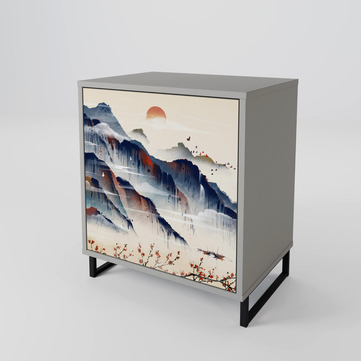 SIDEBOARD JAPANESE LANDSCAPE, Grau, 57,5x42x70,5 cm, Schwarze Metall-Sternfüße - Multicolor/Schwarz, Holzwerkstoff/Metall (57.5/70.5/42cm) - SpaceRebels
