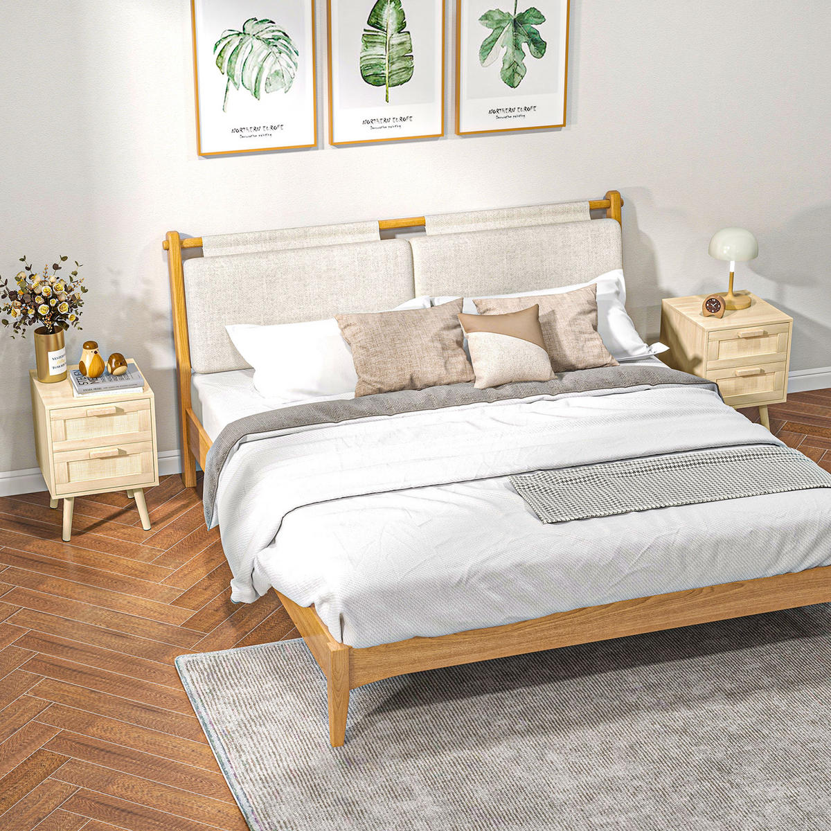 NACHTSCHRANK 2er-Set DE-12815 2 Schubladen mit Rattan Naturholz - Naturfarben, Holzwerkstoff (40/56/40cm) - ComfortXL