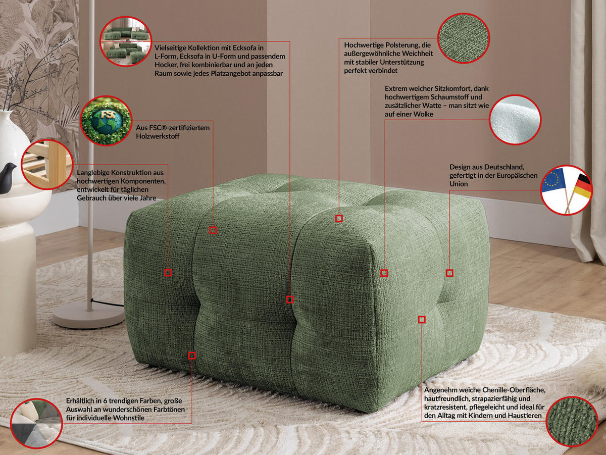 ECKSOFA inkl. Hocker Kozy im Bumpy-Design mit Schlaffunktion und fester Rückenlehne aus weichem Grün Chenille-Stoff - Ottomane rechts - Schwarz/Grün, Holz/Kunststoff (234/161cm) - S-Style Möbel