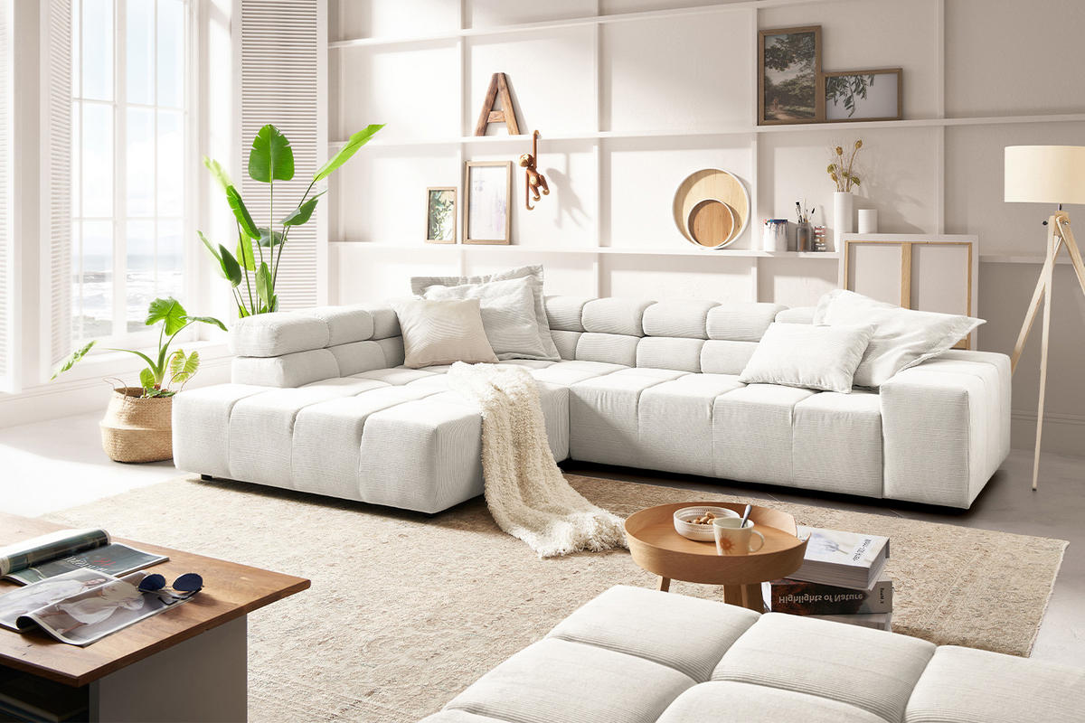 ECKSOFA MIT MOTORISCHEM SITZVORZUG NEVADA Weiß Cord - Schwarz/Weiß, Kunststoff/Textil (319/215cm) - KAWOLA