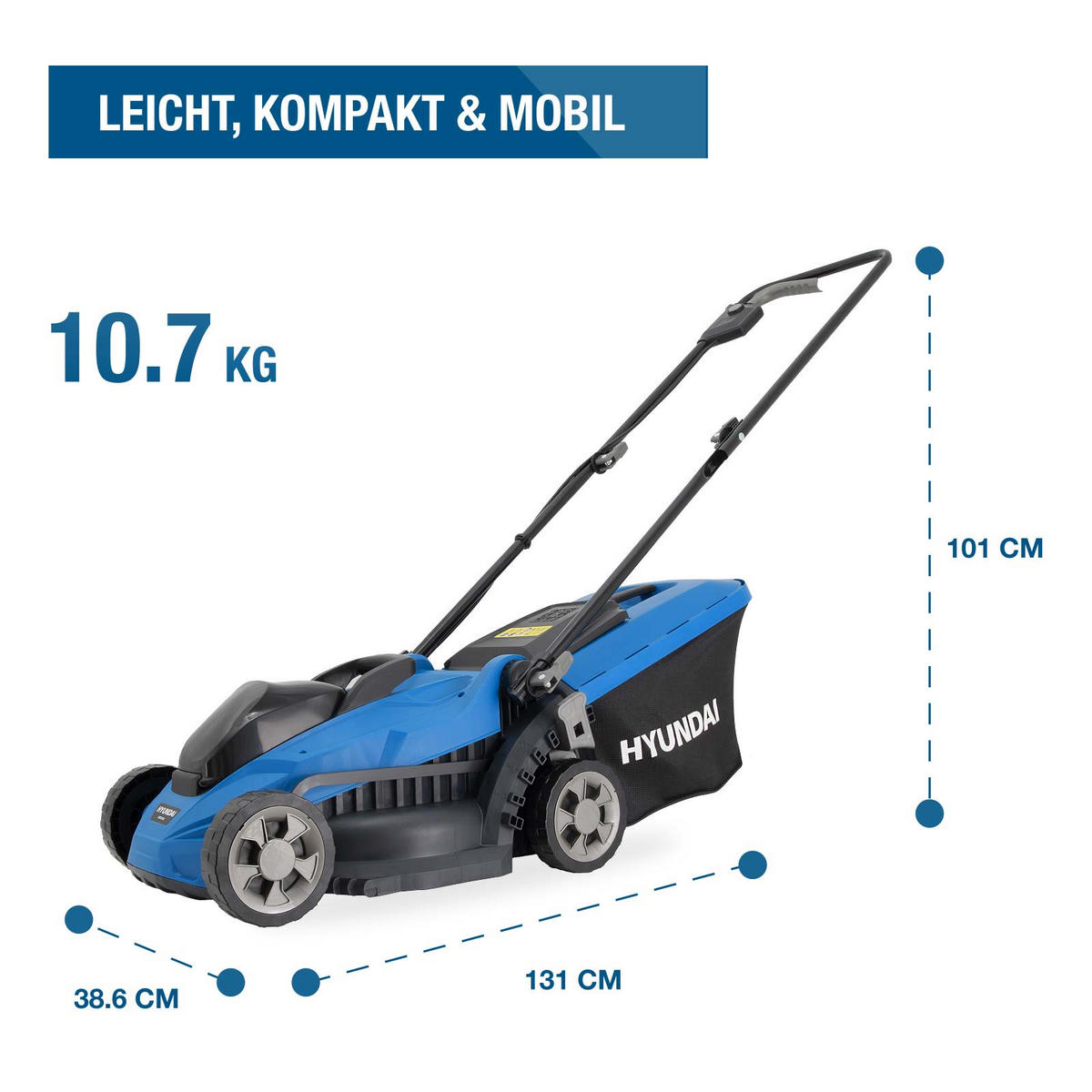 AKKU-RASENMÄHER 20V Brushless – 33 cm, 2 x 4.0 Ah Akku & Doppelladegerät – 35L Korb - Blau, Kunststoff (38.6/101/131.5cm) - HYUNDAI