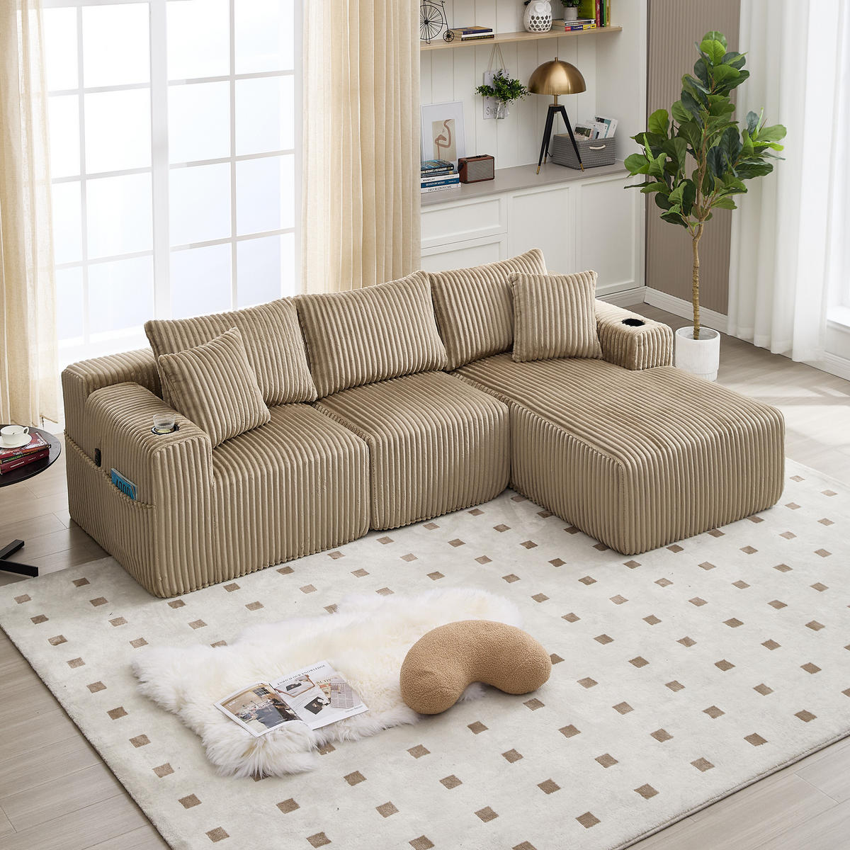 ECKSOFA Cord Khaki mit 5 Kissen, Seitentaschen und Getränkehaltern - Hellbraun, Textil (257/160cm) - WISHDOR