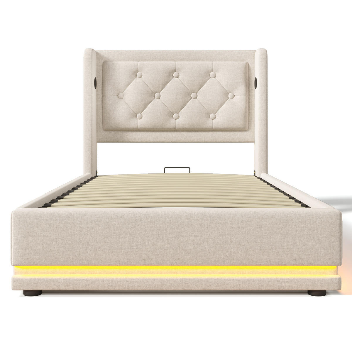 POLSTERBETT 90/200 cm Beige mit Stauraum, LED-Beleuchtung und USB-/Type-C-Anschlüssen - Beige, Textil (90/200cm) - Flora Grace